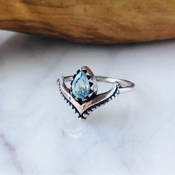 Silver Plated Teardrop Blue Topaz Bohemian Ring - Picture 1 of 10